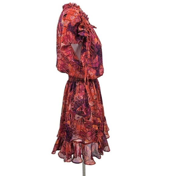 New Misa Dominique Mini Dress Womens XS Red Abstract Semi Sheer Chiffon - Picture 4 of 9